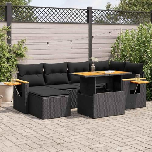 UJCHVHN Home Garden, 7-teiliges Gartensofa-Set mit Kissen, Polyrattan, Akazie, Schwarz