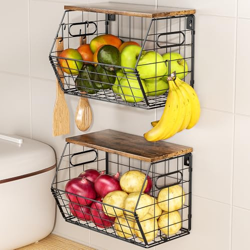 Delamu Stackable Metal Fruit Basket with Wood Lid 2 Pack, Hanging Wall Organizer for Kitchen Counter, Pantry Storage for Onions, Potatoes, Garlic, Fruits, Spices, Black