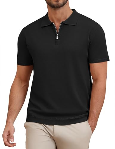 COOFANDY Camisas Polo para Hombre de Manga Corta de Punto con Cuello de Cremallera Camiseta Polo Refrescante de Verano Camisa de Golf Polos, Negro, L