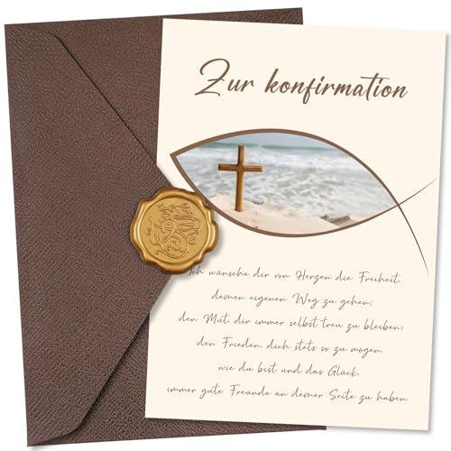 Luckeey Karte Konfirmation, Konfirmationskarten mit Umschlag, Karte Konfirmation Geschenk, Glückwunsch Kreuz Fisch Steine Strand, Premium Glückwunschkarte Geschenk Junge Mädchen
