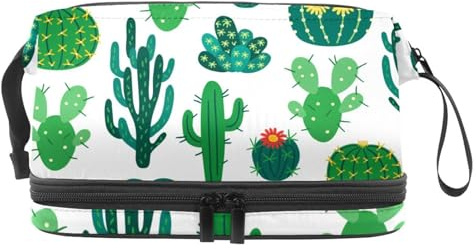Trousse de toilette à double couche avec compartiment pour pinceaux - Motif cactus et figue de barbarie - Pour femme et fille, multicolore, 27x15x14 cm/10.6x5.9x5.5 in, Trousse de toilette