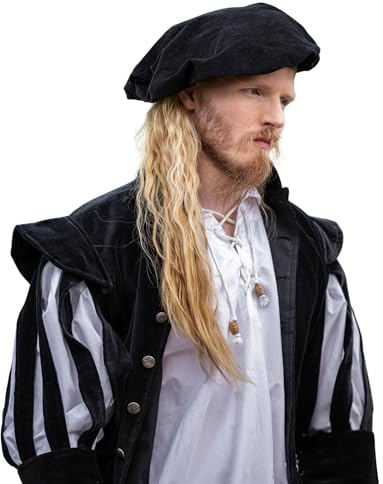 Leonardo Carbone® Herren Kopfbedeckung Samt-Barett Kurt | Integriertes Band | Raffungen Hinten | Karneval, Halloween, Cosplay, LARP, Mittelalter, Barett, Hut, Baumwolle | 100% Baumwolle Schwarz L