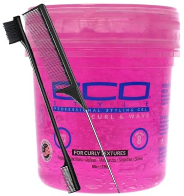 Eco Style - Gel para Rizos y Ondas (Rosa) de 8 Onzas con Peine y Cepillo, Sujeción Firme y Brillo, Mejora los Rizos y Ondas, Gel sin Alcohol e Hidratante