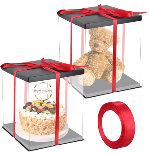 Dewocke 2 Piezas 10 Pulgadas Caja de Tartas Transparente, Cajas para Pasteles con Cinta, Cajas de Presentación de Plástico con Base y Cinta, para Exhibición y Transporte de Postres(Negro)