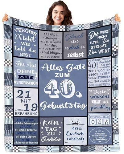 ZUCZUG Kuscheldecke zum 40. Geburtstag Geschenk für Frauen Männer 150X200cm | Personalisierte 40. Geburtstags Geschenk Decke, 40 Geburtstag Deko Blau