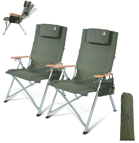 ARURU Campingstol, vikbar, hög rygg, justerbar i 4 lägen upp till 150 kg, fällstol, trädgårdsstol, dryckeshållare med sidoficka, fiskestol, utomhus, för camping, trädgård, balkong (grön, 2 st)