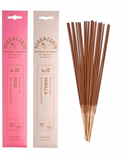 Nippon Kodo Herb & Earth Japanische Premium Räucherstäbchen 2er Set | Natürliche Zutaten, intensiver Duft | 40 Sticks (Vanille, Rose)