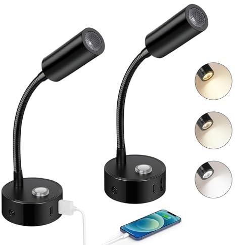 ERWEY 2er LED Leselampe 12V Wohnmobil, Touch Dimmbar 3000K-6000K einstellbare Helligkeit, 360° Flexible Schwanenhals Bettlampe mit USB A+C-Anschlüssen für Boot Wohnwagen Innenbeleuchtung, Schwarz