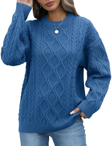 CMTOP Damtröja vinter långärmad stickad tröja varm avslappnad vintertröja rund hals oversize grovstickad tröja elegant mjuk bekväm jumper tröja lösa toppar, blå, XXL