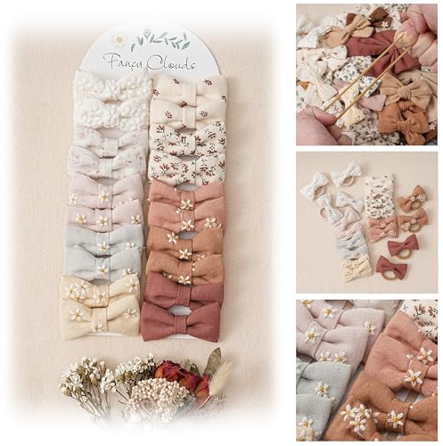 Fancy Clouds Baby Toddler Little Girls Hair Ties with 2 Linen Bows, 20 pcs No Damage Elastic Nylon Ponytail Holders Scrunchies for girls, Small Hair Accessories for Kids Thick or Thin Hair