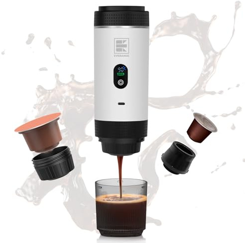 EVERANGE Tragbare elektrische Espressomaschine, Reisekaffeemaschine, kompatibel mit gemahlenem Kaffee und NS-Kapseln (Weiß mit LCD-Display)