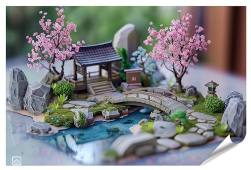 islandburner Poster XXL - Jardin zen japonais avec fleurs de cerisier et pont en pierre - Impression photo de qualité supérieure