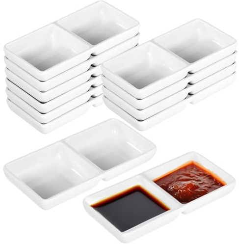 Kronabelle Juego de 12 platos de salsa de doble compartimento, platos de inmersión de plástico de melamina para ketchup, wasabi, salsa de soja y más