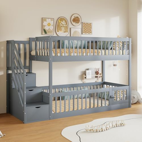 BNUZ Etagenbett,90x200cm,Mit Matratze Und Sicherheitstreppe, Kinderbett Mit Stauraum Und Schubladen Für Jugendliche,Grau