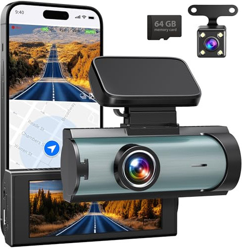 Dash Cam Front and Rear, UHD & 1080P Dual Dashcam Car Camera with 64GB SD Card, Wi-Fi, Night Vision, 3 IPS Display, G-Sensor, APP Control, Loop Recording for Cars, Vans, Trucks (Silver)