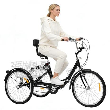 Jerool 24 Zoll Lastenrad Mit Großem Korb, Dreirad Für Erwachsene, Belastbarkeit 120kg, 7-Gang-Getriebe, Für Obstgärten, Camping Und Einkäufe(Schwarz)