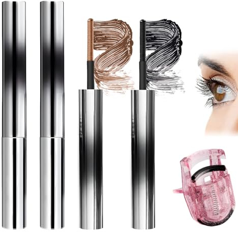 4 Stück Mascara mit Metallbürste, Iron Eye Mascara, Wimperntusche Metallbürste (Schwarz + Braun) - Waschbarer Wimpernstab Aus Eisen, Lang Und Dick, 3D Langanhaltender Schwung, mit Rosa Wimpernzange