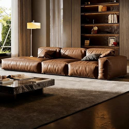 Italiensk lyxig enkel brun lädersoffa, rymlig och mjuk soffa med massiv träram, modern stor storlek, lämplig för vardagsrum/kontor/lägenhet.