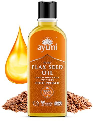 Ayumi Pure Flaxseed Oil Rich in Omega-3 | Cold Pressed Flaxseeds Body Oil for Dry Skin | Hair Oil for Dry Damaged Hair | Face Oil to Combat Wrinkles | Linseed Oil to Control Blood Sugar |1x 150ml
