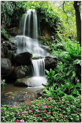 Wallario Outdoor-Poster für Garten oder Balkon Sturzbach im Grünen, Motivbanner Größe: ca. 80 x 120 cm, Outdoor-Bild