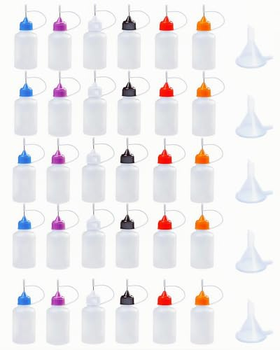 LJY 30 ml Nadelflaschen Set, 1 mm, 6 Farben mit 5 Trichtern | Für Bastelkleber, Nähmaschinenöl, Tinte, Farbe, Glasur und andere passende dünne Flüssigkeiten