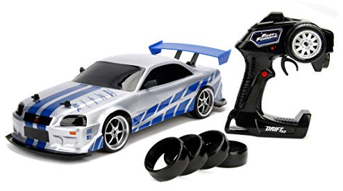Jada Toys 253209000 Fast&Furious Fast And The Furious Fast & Furious Nissan Skyline GTR R34 RC Car with Radio Remote Control, Drift Function, 4 Tyres, USB Charging, Scale 1:10, Blue/Silver