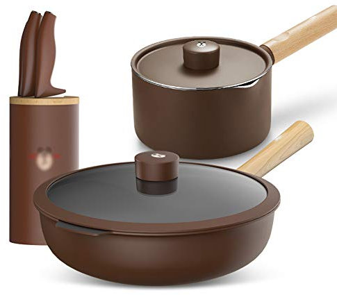 Antiadhésif Prime Batterie de cuisine avec ensemble de couteaux, Ensemble de casseroles et casseroles de cuisine avec surface ultra antiadhésive à triple revêtement,Marron