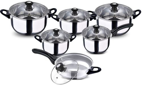 12Pc Stainless Steel Induction Hob Casserole Saucepan Stock Pot Fry Pan Cookware by Crystals®
