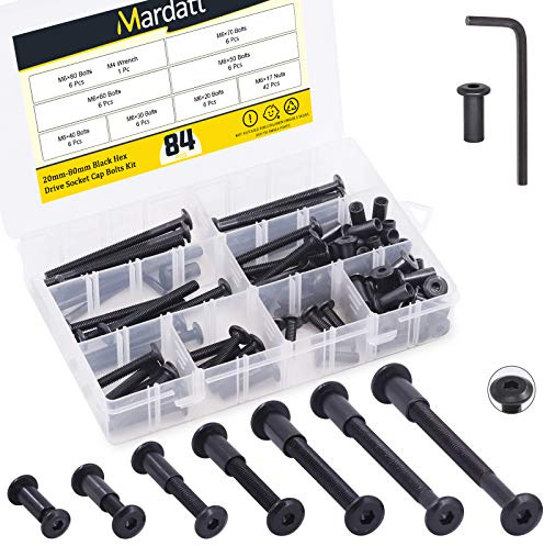 Mardatt 85pcs 7 Sizes M6x20mm/30mm/40mm/50mm/60mm/70mm/80mm Black Hex Socket Cap Bolts and Barrel Nuts Assortment Kit, Crib Bolts Binding Screw Post for Belt Buckle Leather Furniture