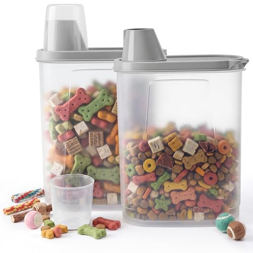 Citylife Paquete de 2 contenedores herméticos para perros y gatos, recipientes de almacenamiento de alimentos para mascotas con taza medidora, dispensador de alimentos para perros, gatos, pájaros,