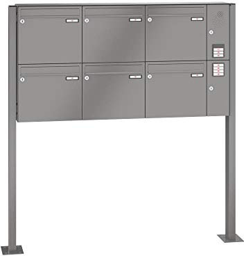 RENZ/Basic B / 6er Freistehende Briefkastenanlage Standbriefkasten mit Sprechfeld/RAL-Farbe 9007 Volumen 1/mit Fußplatten/Dein-Briefkasten.de