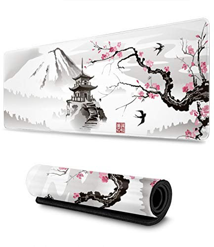 Gaming-musmatta XL, japansk pagod och körsbärsblomma gren motiv, överdimensionerad musmatta, skrivbordsunderlägg, musmatta med sydda kanter, lång halkfri gummiundersida, 80 x 30 cm, akryl