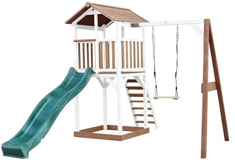 AXI Beach Tower Spielturm aus Holz in Braun & Weiß | Spielhaus für Kinder mit grüner Rutsche, Schaukel und Sandkasten | Stelzenhaus für den Garten