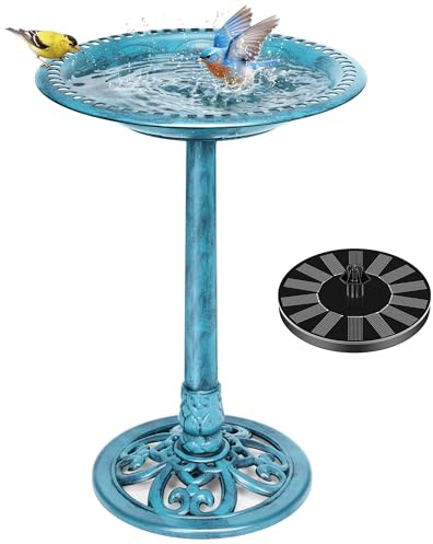 VIVOHOME Vogeltränke mit Solarbrunnen 2 in 1 Antike Vogelbad, Blau | 2-in-1 Funktion aus Vogelbad und Futterstelle. Ausführung im antiken Design. Geeignet für Wildvögel zur Nutzung.