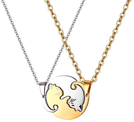 Cupimatch Paar Kette Puzzle Katze I Love U Anhänger Pärchen Halskette Freundschaftskette für Sie und Ihn 2 Verliebte Paar Schmuck Edelstahl Kette Herren Damen Geschenk für Partner Paare