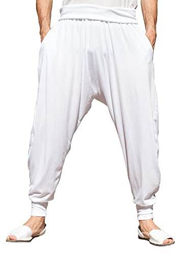 SAVARI | Pantaloni harem con tasche | Etnico | Comodo e confortevole | Pantaloni ideali per Yoga e Pilates | Cotone riciclato | Uomini e donne | Colore Bianco | Taglia XXL | Grandi formati disponibili