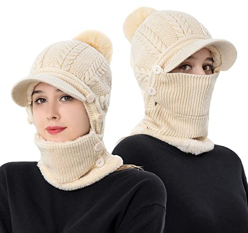 TAGVO Wintermütze Damen Schal Set, Winter warme Mütze Schal Set für Damen und Herren, Winter Warm Strickmütze&Halswärmer-Sets, Flexible Strickmütze mit Haarball für Frauen für Outdoor-Sportarten