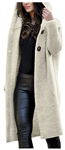 TDEOK Koftor för kvinnor, lång varm kofta, lång grovstickad med knappar, lång kofta, stora storlekar, stickad kappa med huva, stickad cardigan, elegant huvtröja, stickad tröja, jacka, kappa, Beige, XL