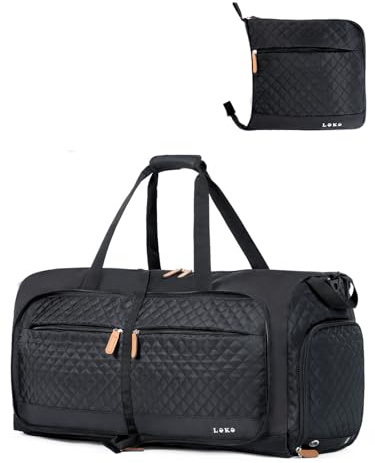 Lekesky Große faltbare Reisetasche – wasserdichte Reisetasche mit Schuhfach, Wochenend-Sporttasche für Damen und Herren, gesteppt, schwarz, 80L, Reisetasche