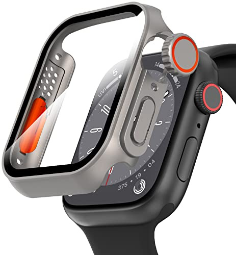 Diruite Hülle für Apple Watch Series 9/8/7 45mm Schutzhülle | Einzigartiges Design Harte PC Case mit 9H HD Hartglas,Hohe Empfindlichkeit,Kratzfest,Rundum Displayschutz,Titanstahl(HD),45mm