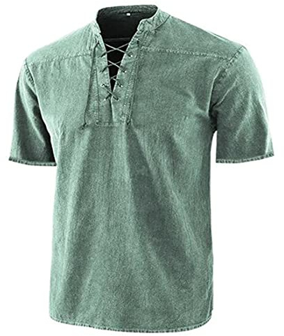 Herren Mittelalter Hemd Tunika Leinenhemd Sommer Hemden Langarm Retro Kragen mit Schnürung Männer Freizeithemd Casual Leinen Yoga Shirt Fisherman Sommerhemd Wikinger Kleidung