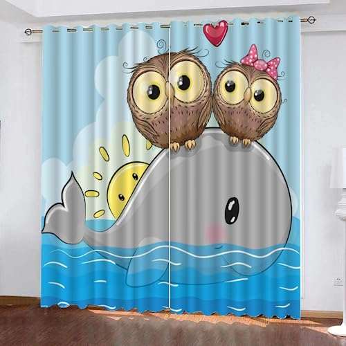 GIOVIA 3D Kawaii Eule Gardinen Abdunkelnde Wal Kindervorhänge Vorhang mit ösen 2er Set Vorhänge Blickdicht Verdunkelungs für Kinderzimmer Schlafzimmer Wohnzimmer B 140 X H 160 cm