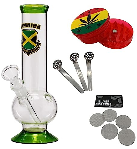 raupir Set Glasbong Jamaica Logo Höhe 21cm Mundstück abgerundet ø 40mm Glaskopf Chillum 14,5mm Siebe Acrylgrinder