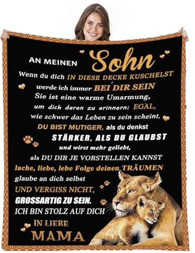 AEPOYU Kuscheldecke für Meine Sohn von Mama, Mama für Sohn Deutsche Nachricht Briefdecke Geschenke, Super Weiche Flanelldecke Flauschige Geschenke für Weihnachten, 150 x 200 cm