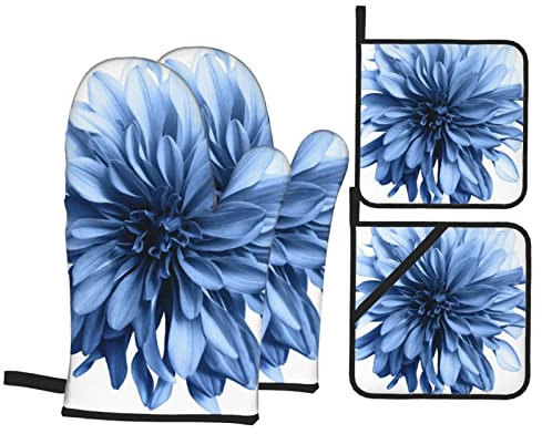 Guantes de Horno con Estampado de Flores de Dalia Azul, Manoplas de Horno Resistentes al Calor y agarraderas, Asar a la Parrilla, cocinas, Hornear, cocinar (Juegos de 4 Piezas)