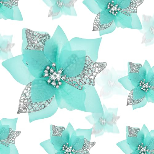 BOAO Weihnachts-Glitzerblumen, Weihnachtsstern, künstliche Weihnachtsblumen, Verzierungen für Hochzeit, Weihnachtsbaum, Neujahr, Blau-Grün, 24 Stück