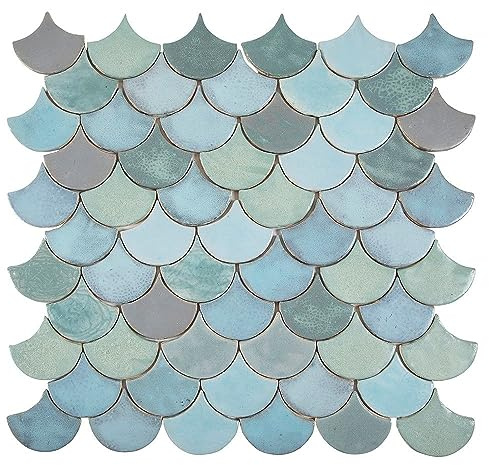 Fächer Fischschuppenfliesen Fischschuppenfliesen Norwegischer Fjord - Blau und türkis keramik fischschuppen Mosaik fliesen förmige Blau für Küche und Bad packung mit 49 Fliesen 10,2x9 cm