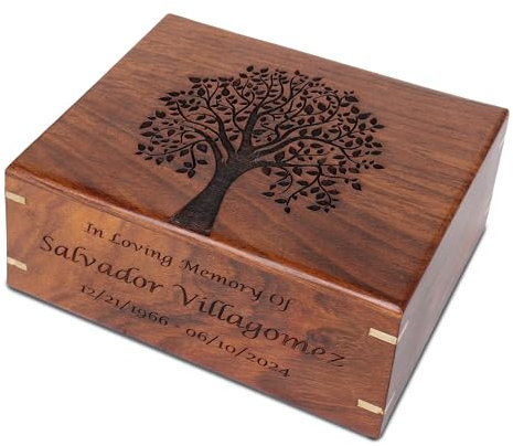 The Maryam Crafts Urne décorative personnalisée en bois de rose – Motif arbre de vie – Marron – 20,3 x 15,2 x 8,9 cm – 55 kg – Urne décorative pour cendres humaines ou d'animaux domestiques
