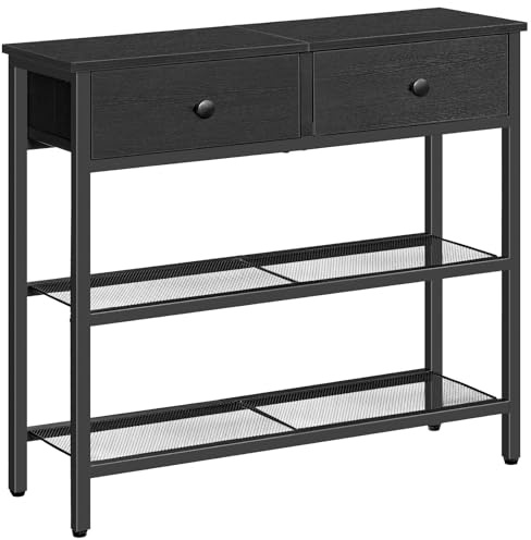 HOOBRO 75 cm smalt konsolbord med 2 tyglådor, litet entrébord med 3-nivåers förvaringshyllor, tunt soffbord, sidobord, för vardagsrum, hall, svart BB72XG01