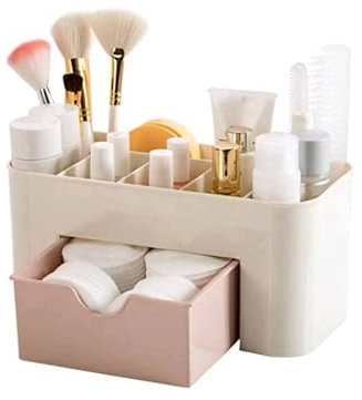 Organisateur de maquillage blanc avec tiroir rose et compartiments, rangement de maquillage, cosmétiques, produits de beauté et bijoux, idéal pour commode, chambre et salle de bain